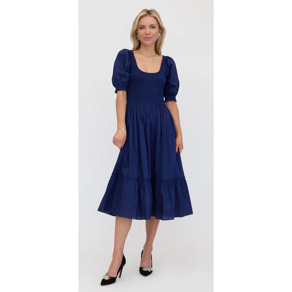 Hill House Home Louisa Nap Midi Dress Smocked Navy Blue Crepe Puff Sleeves S